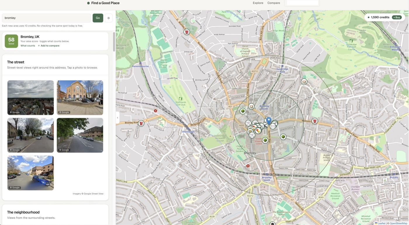 A single area view: the score, street-level photos, and a map of nearby amenities